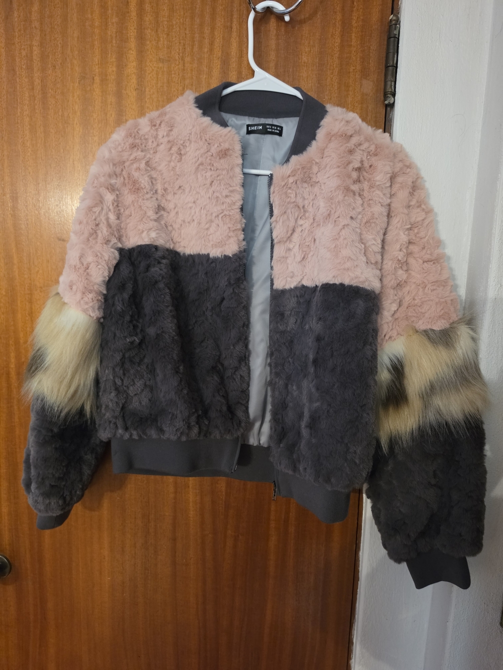 SHEIN Pink, Charcoal & Tan Faux Fur Colorblock Bomber Jacket